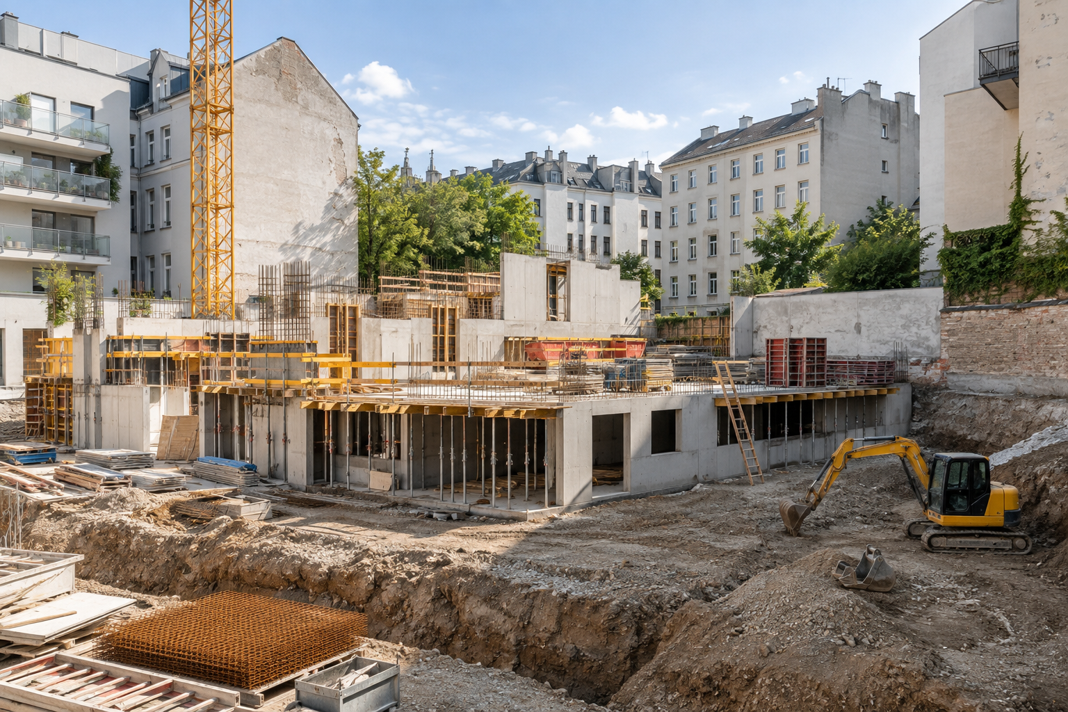 Helle Baustelle zwischen bestehenden städtischen Gebäuden